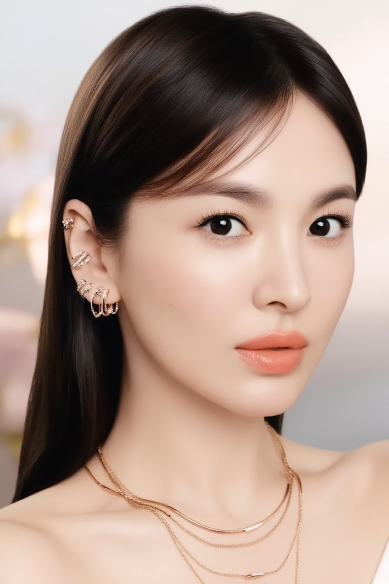 A high-end luxury beauty portrait of a 20yo woman with sleek straight long hair tucked behind the ear,  tight close-up fra...