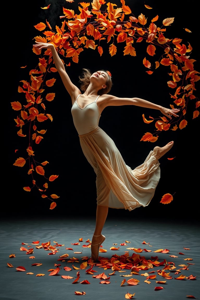 A captivating artistic portrayal of a dancer gracefully transitioning into a whirlwind of autumn leaves colors ,  symboliz...