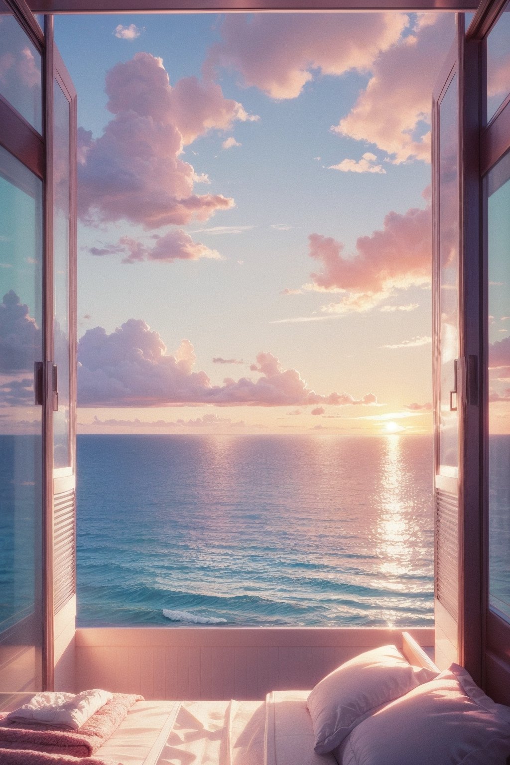 view from bedroom window,  bed,  ocean by ART IMAGINATION on Tensor.Art