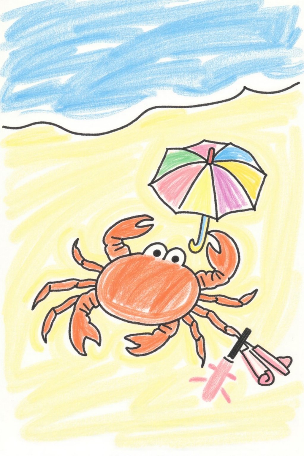 Crayon hand-drawn cartoon illustrations,  cartoon crayon illustrations with a crab lying on the beach. The crabs are cover...