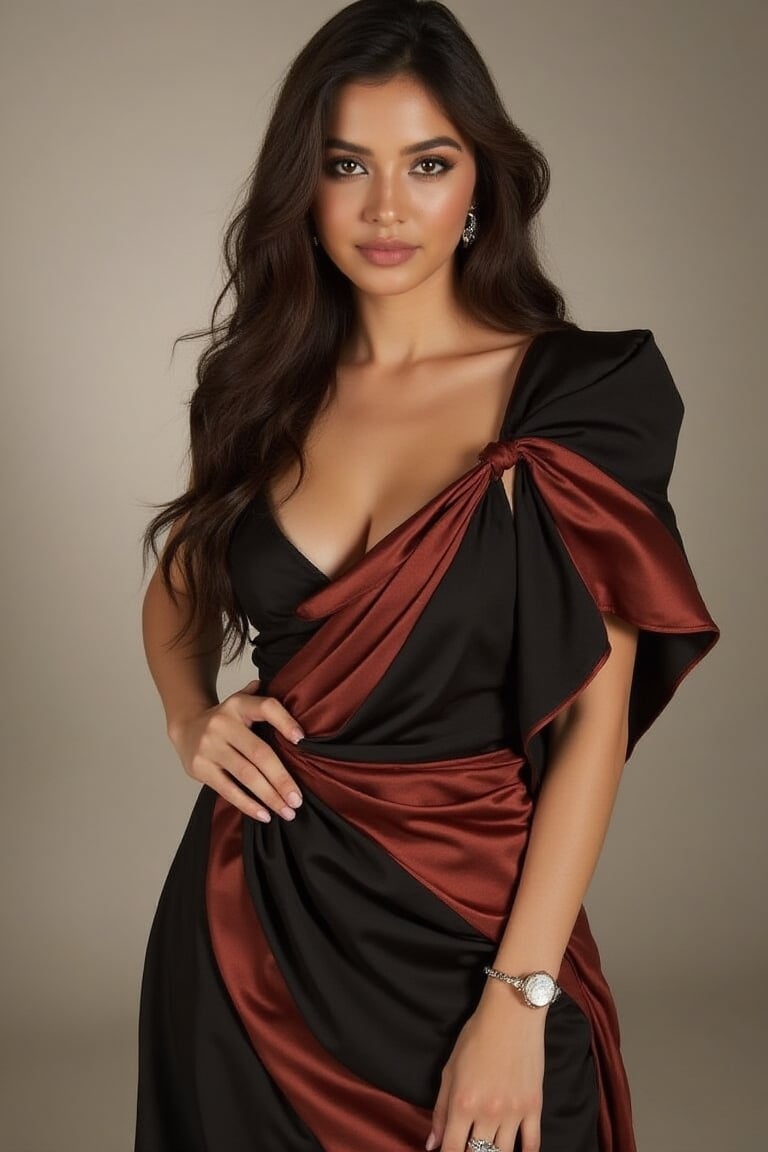 Indian supermodel posing confidently in front of a sleek studio backdrop,  fair skin glowing under soft lighting. Long,  f...