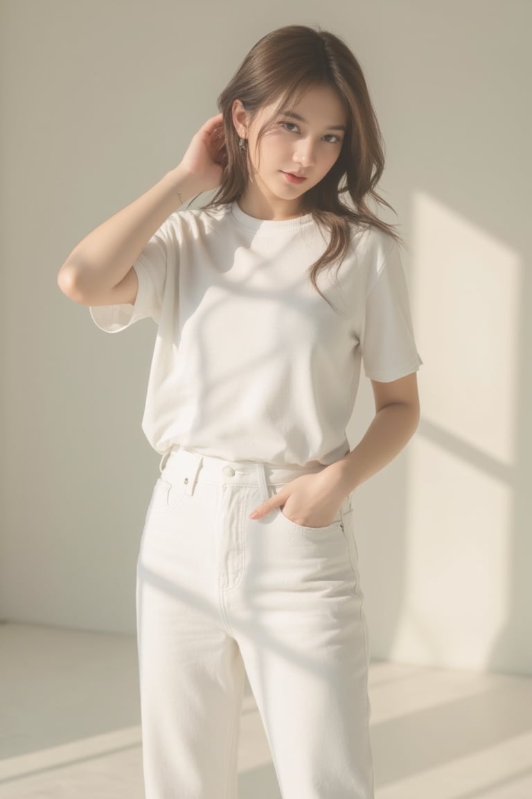 A high-fashion female model wearing a premium white t-shirt and high-waisted white jeans,  posing like an international lu...