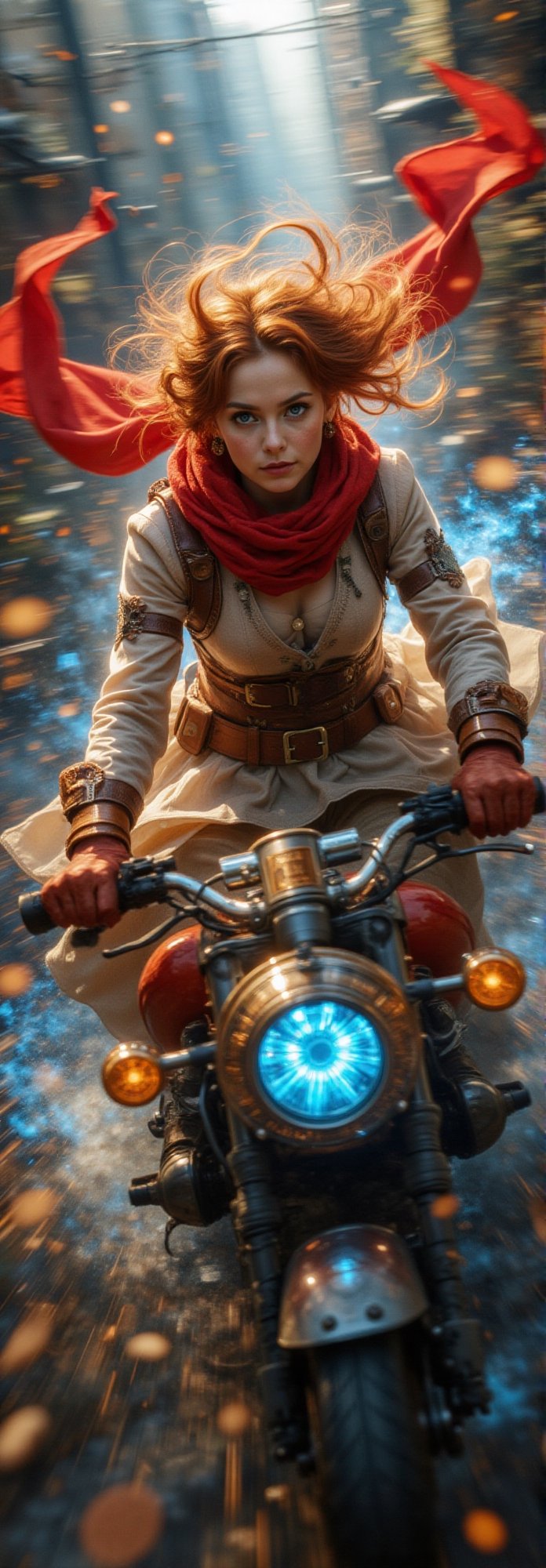 A vibrant young woman,  her fiery red scarf fluttering wildly as she drifts in high-speed pursuit of adventure. She's dres...