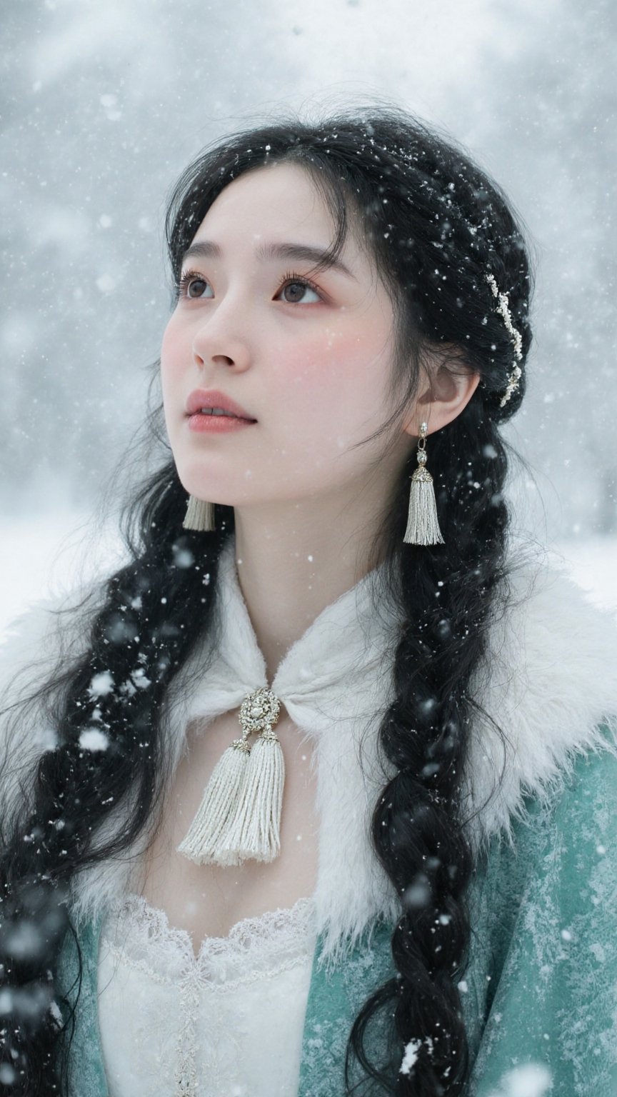 A beautiful woman with long flowing black hair and sweet braided hairstyle adorned with exquisite luxurious tassel ornamen...