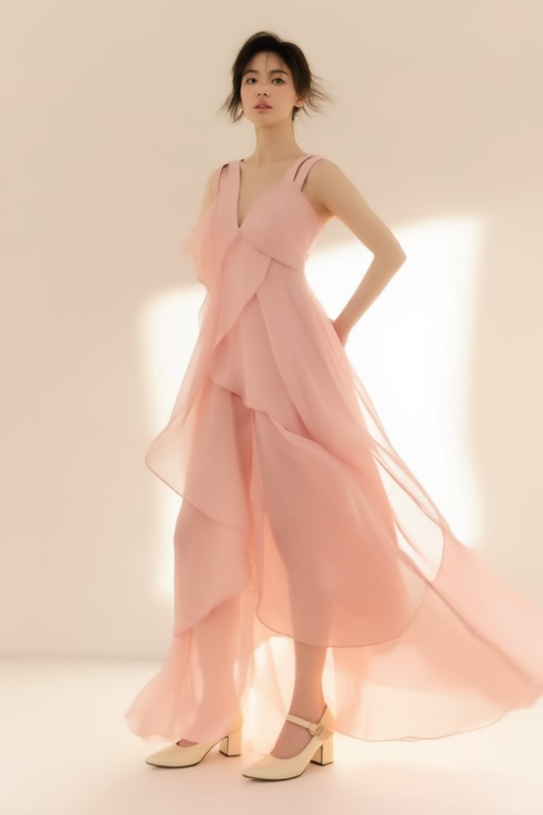 A high-end editorial fashion portrait of a 20yo woman wearing a flowing blush pink semi-sheer chiffon dress with layered a...