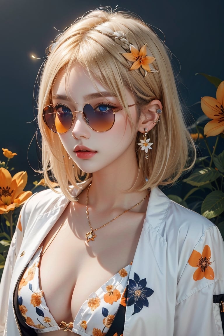 1girl, short hair, blue eyes, earrings, simple background, flower, upper body, hair flower, orange-tinted eyewear, sunglasses, necklace, jacket, closed mouth, floral print, bangs, blonde hair, white hair, makeup, round eyewear, piercing, details, realist skin, skin detailed, underboobs, tatoos,art 