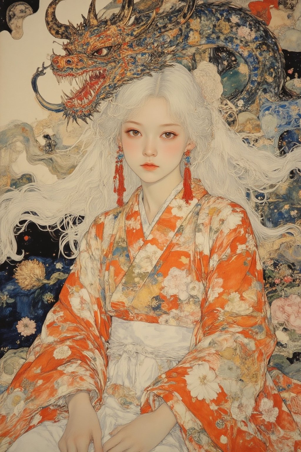 The image depicts a person wearing a traditional Japanese kimono with intricate floral patterns in shades of orange,  whit...