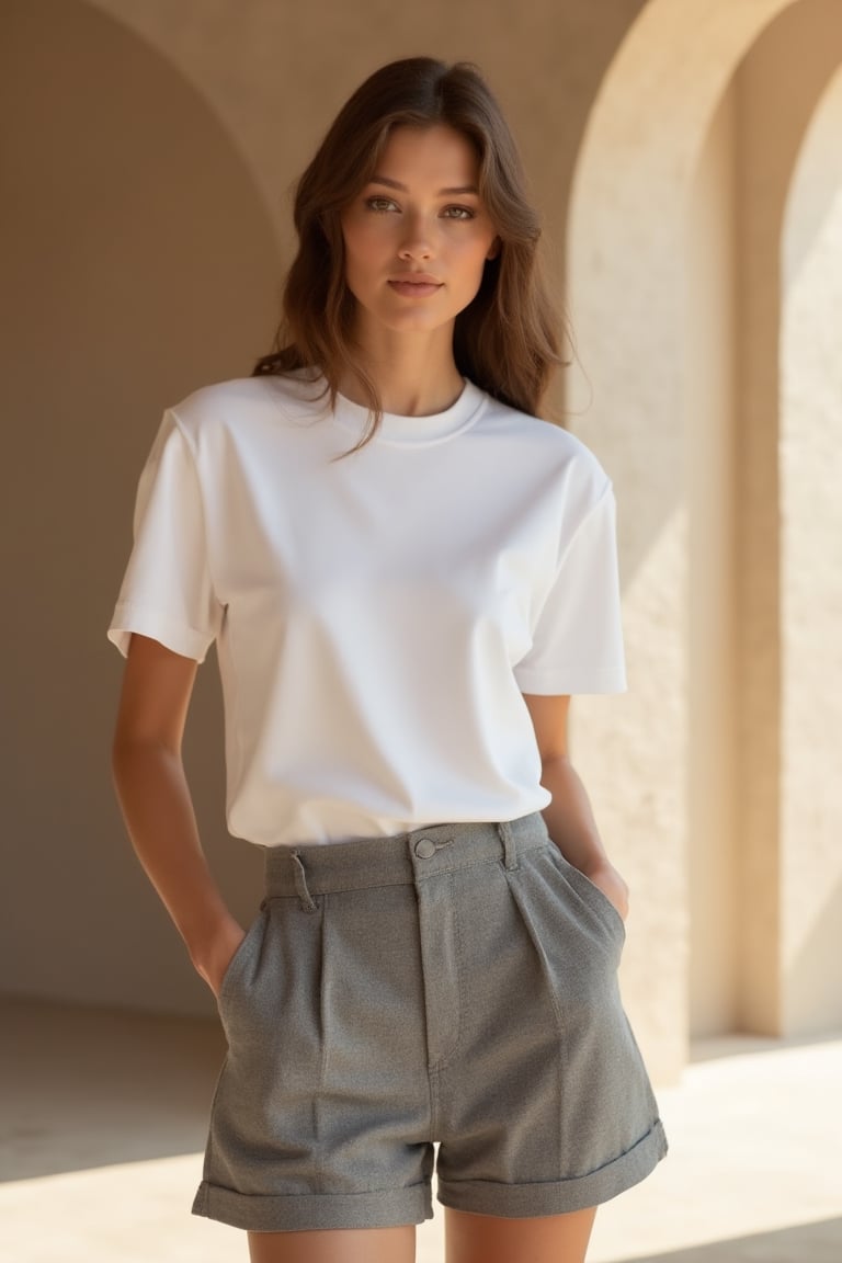 A high-fashion female model wearing a premium plain white t-shirt (untucked) and high-waisted fitted grey shorts,  posing...