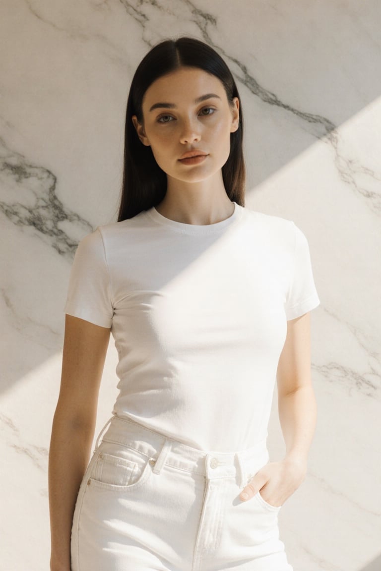 Elegant woman dressed in a fitted white t-shirt and white jeans,  standing in a bright modern minimalist studio. Warm natu...