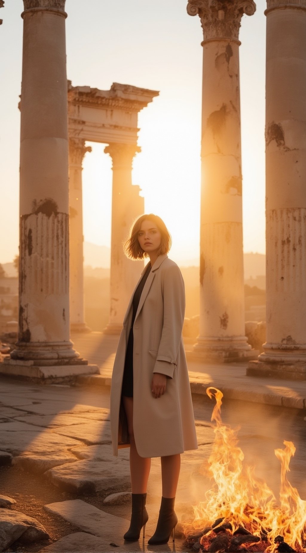 A high-fashion editorial photoshoot set against classical ruins,  with ancient stone columns and collapsing arches glowing...