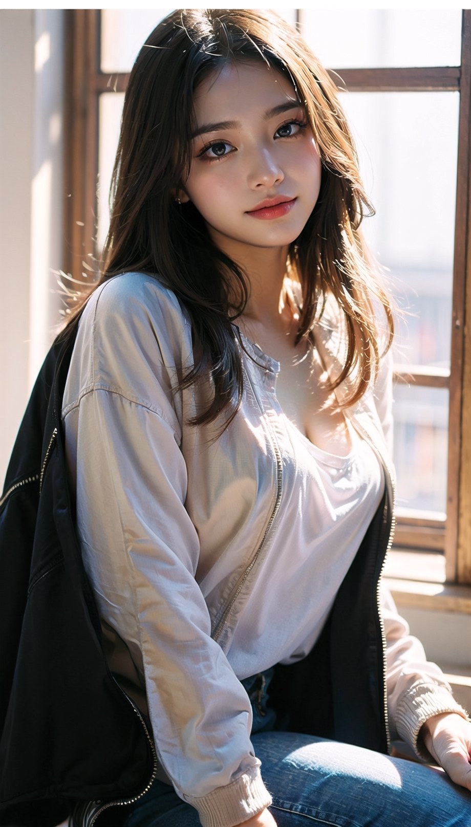 (((masterpiece))), top quality, (beautiful and delicate girl), beautiful and delicate light, (beautiful and delicate eyes), mysterious smile, (brown eyes), (dark black long hair), medium breasts, female 1 , frontal shot , Korean, soft expression, tall, jacket, patterned t-shirt, jeans, sneakers,