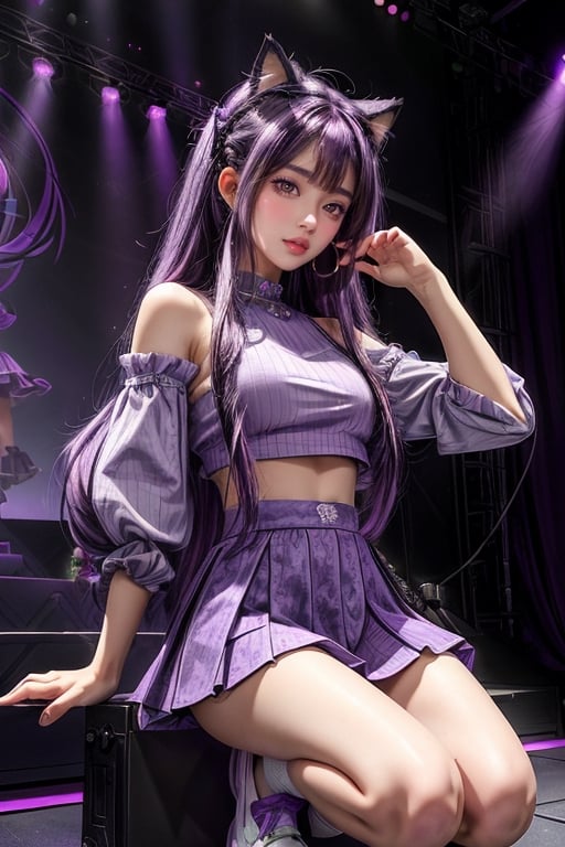 (best quality, masterpiece, ultra quality), long purple hair, side bangs, purple crop top, cute sleeves, short purple ruffled skirt, cute girl, purple shoes, light_big_purple_eyes, purple fluffy tail, purple cat ears, inbox DollPlayset Quiron, UHD quality, ear mic, stage background