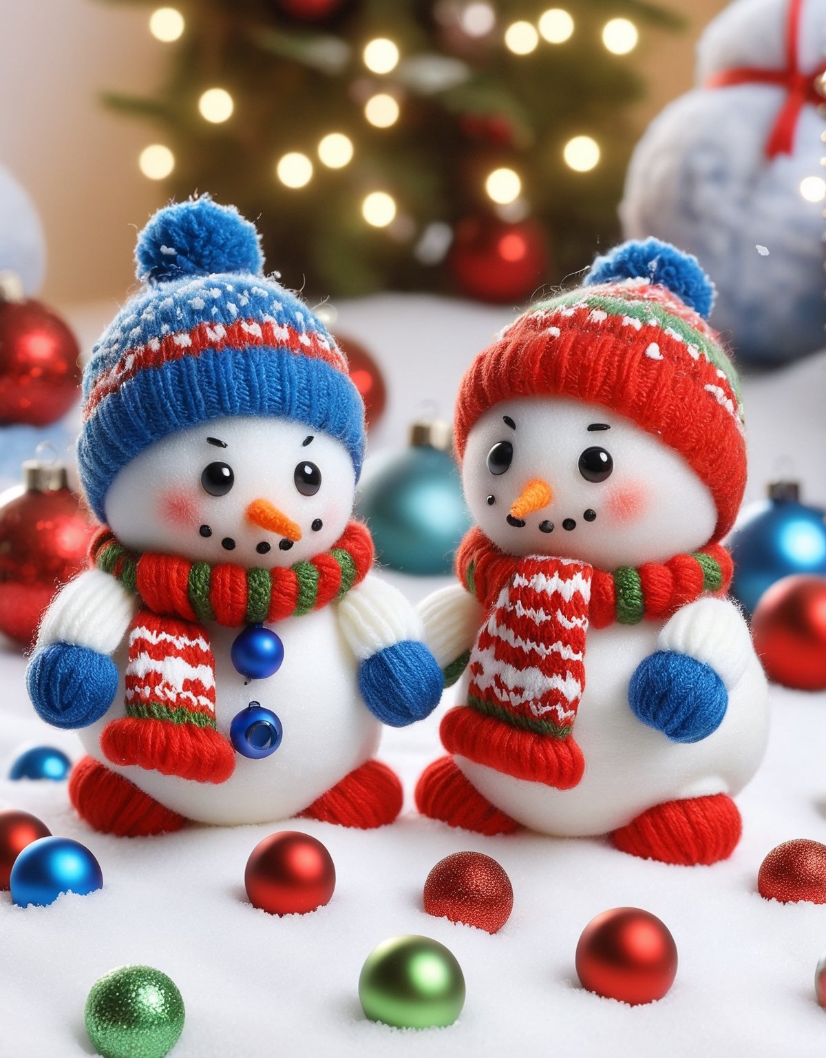 a detailed view photo of Little snowmen knitted on soft snow on the background of Christmas decorations,w00len