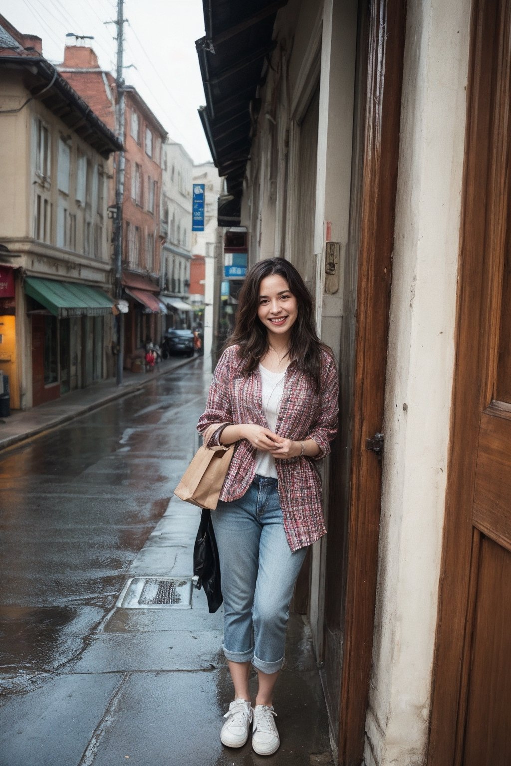 A woman stands under the red awning of a vintage-style coffee shop,  her plaid shirt tucked into light straight-leg jeans,...
