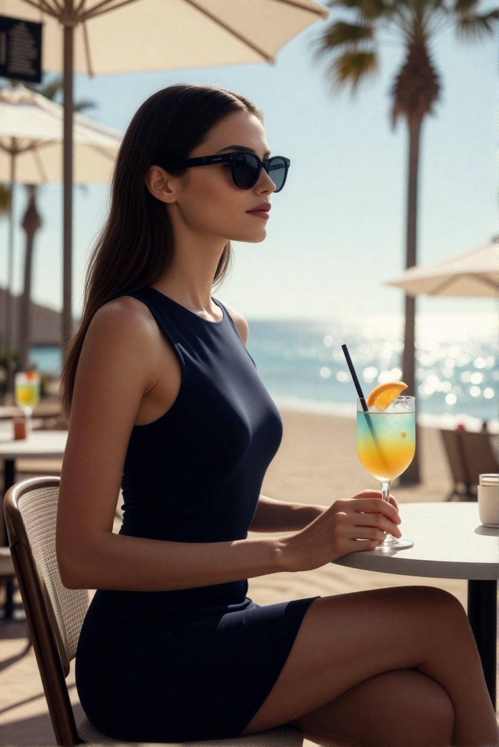 A stylish lifestyle fashion scene featuring a confident adult woman relaxing at a seaside outdoor café. She is an elegant,...