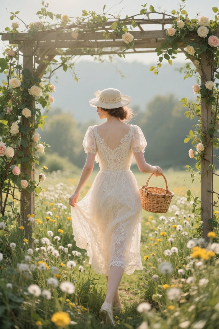 A soft-focus,  elegant portrait of a young woman walking through a field of dandelions,  framed by a trellis covered in cl...