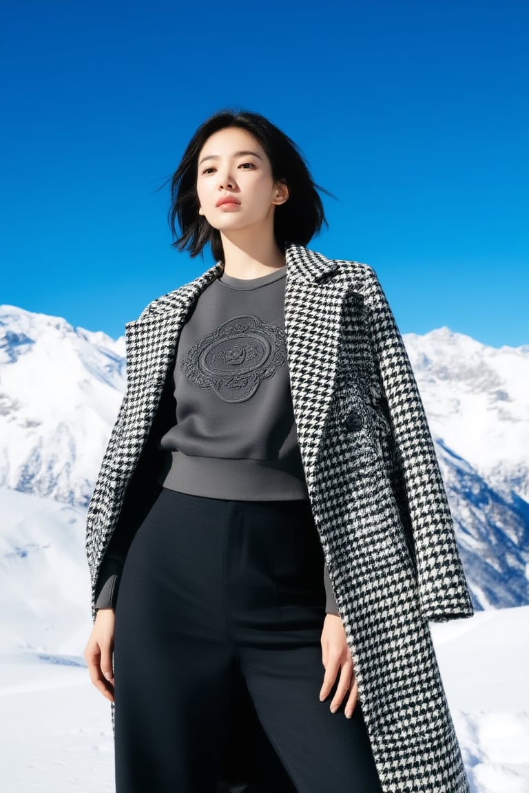 A high-end fashion editorial medium shot of a modern 20yo korean woman with elegant short hair,  fully visible face with n...