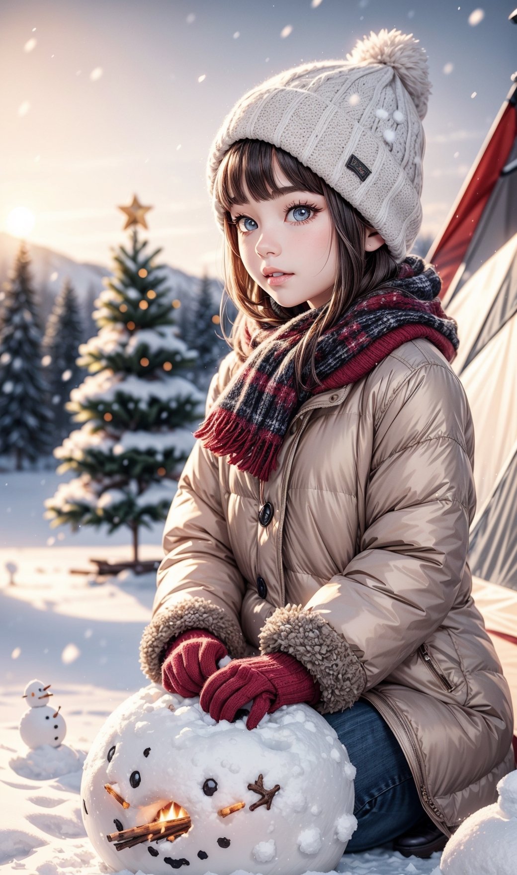 1 girl, snow, winter outfit, bonfire, sitting, tent, christmas tree, Christmas theme, cold, snowman, sunset, illustration,