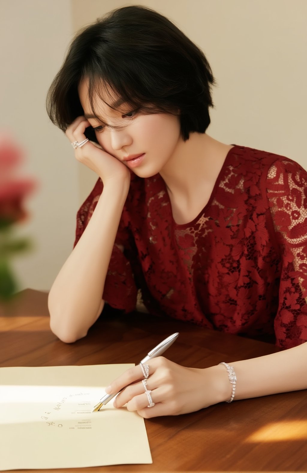 High-end jewelry editorial portrait of a young woman seated at a wooden table indoors,  tousled short hair,  wearing a dee...