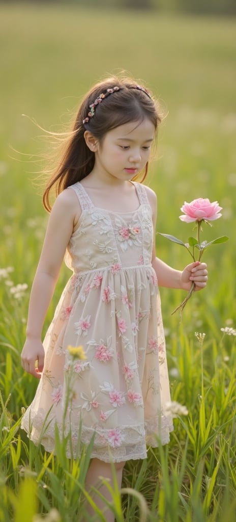Ultra HD cinematography captures the tender moment: a young girl,  adorned in a flowing soft floral dress,  gently grasps...