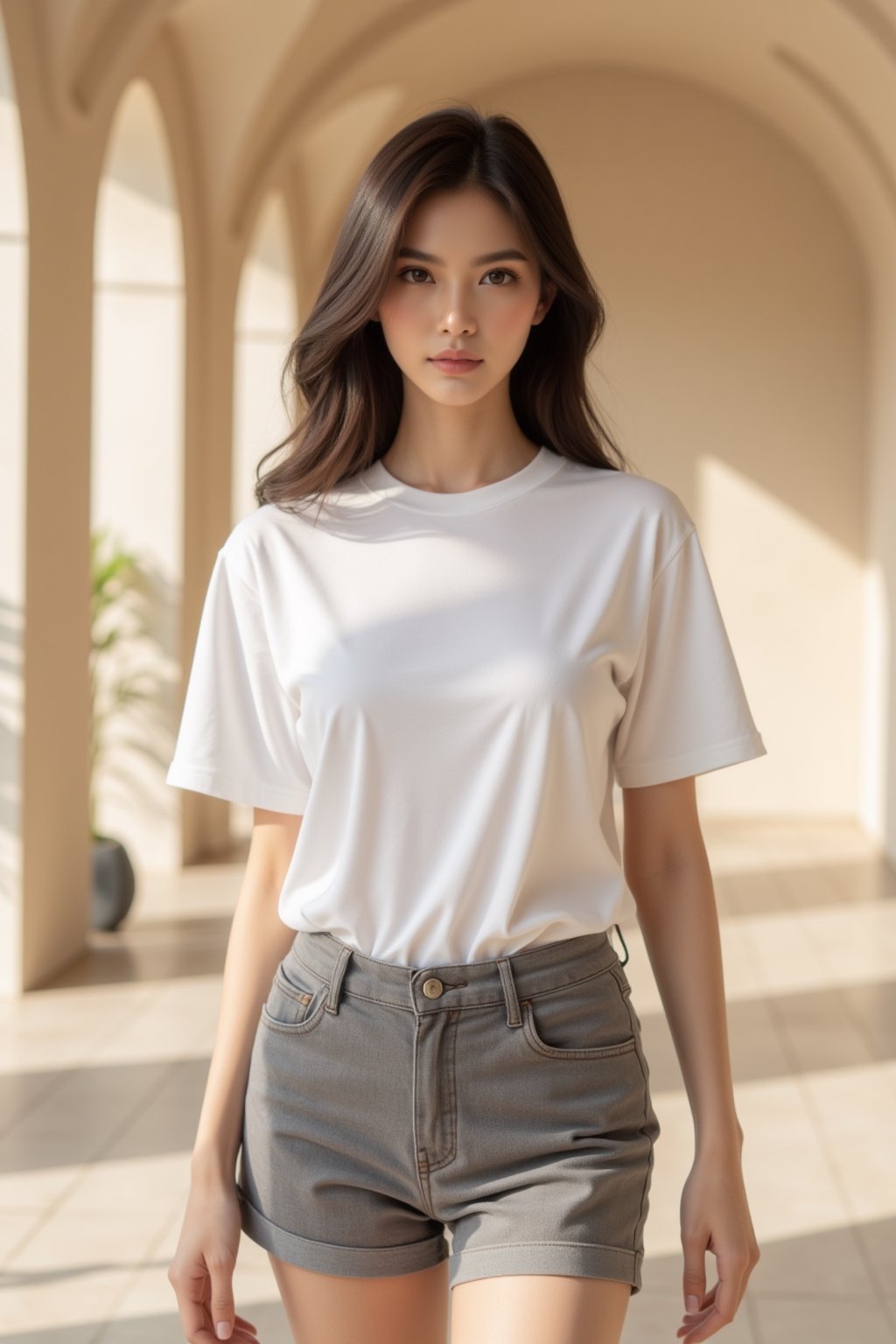 A high-fashion female model wearing a premium plain white t-shirt worn untucked over fitted high-waisted grey shorts,  pos...