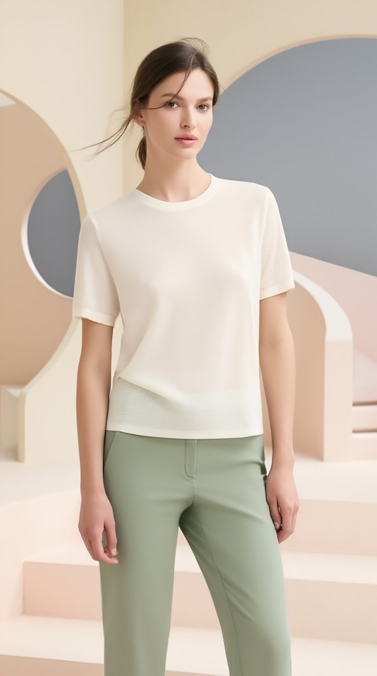 High-fashion female model in a refined Scandinavian luxury aesthetic. She wears a premium cream straight-cut short-sleeve...