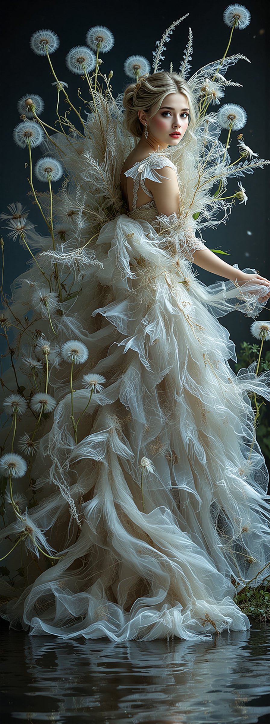 Like an amazing movie poster. side view. A fairy-like figure with delicate wings and a flowing,  intricate gown. The fairy...