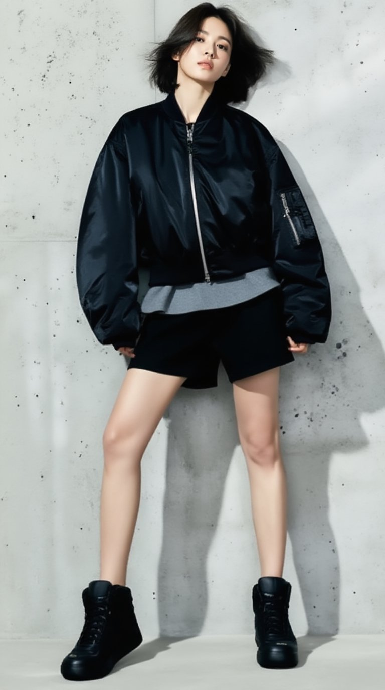 A high-fashion full-body editorial shot of a young korean woman standing confidently against a textured concrete wall,  to...