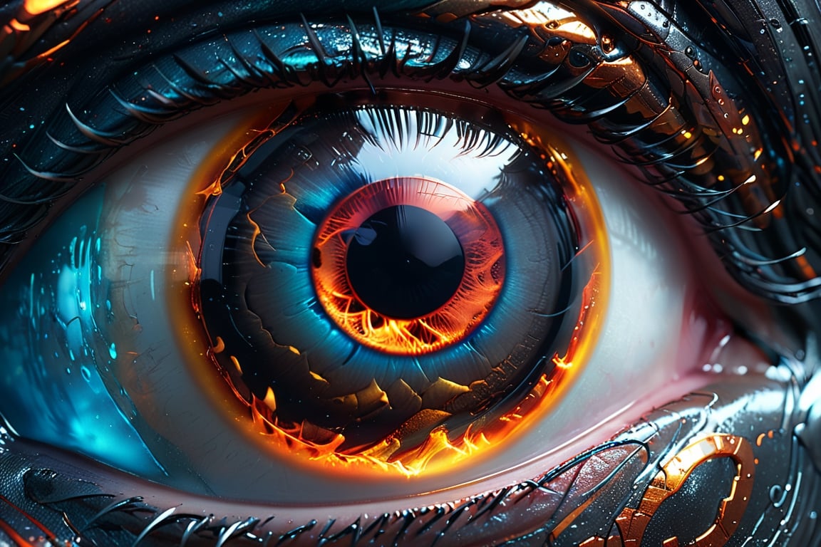 A mesmerizingly luminescent eye,  like liquid fire flowing through glowing veins,  is depicted in hyperreal detail in this...