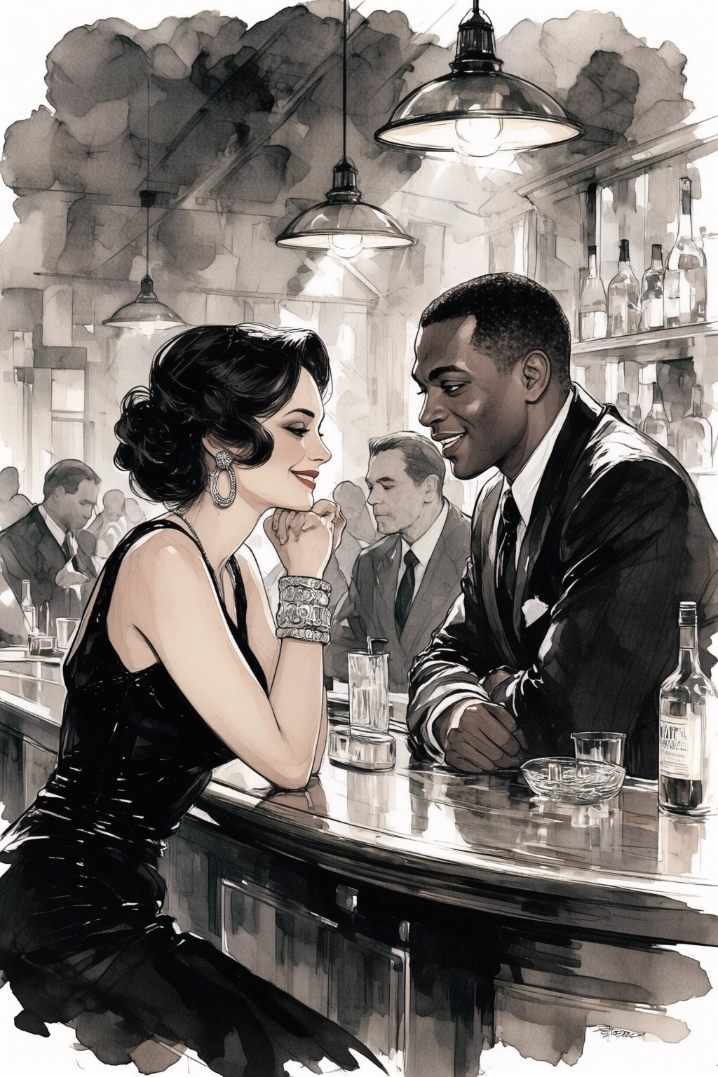 nijiwatercolor1q watercolor illustration. Black-and-white film still capturing an intimate conversation between a man and...