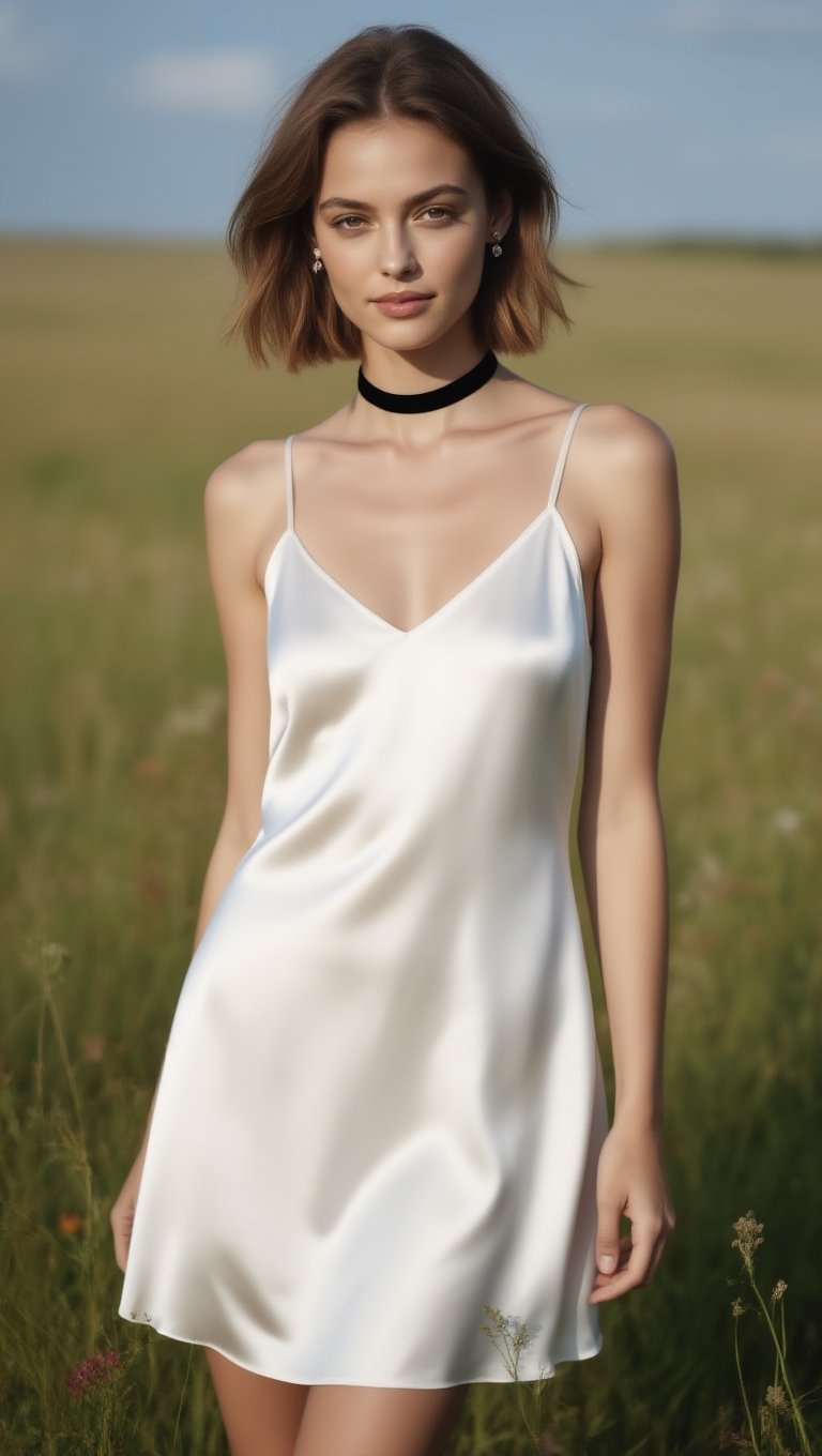 Ultra-realistic outdoor fashion photograph,  subject fills most of the frame (upper-thigh to head),  centered composition...