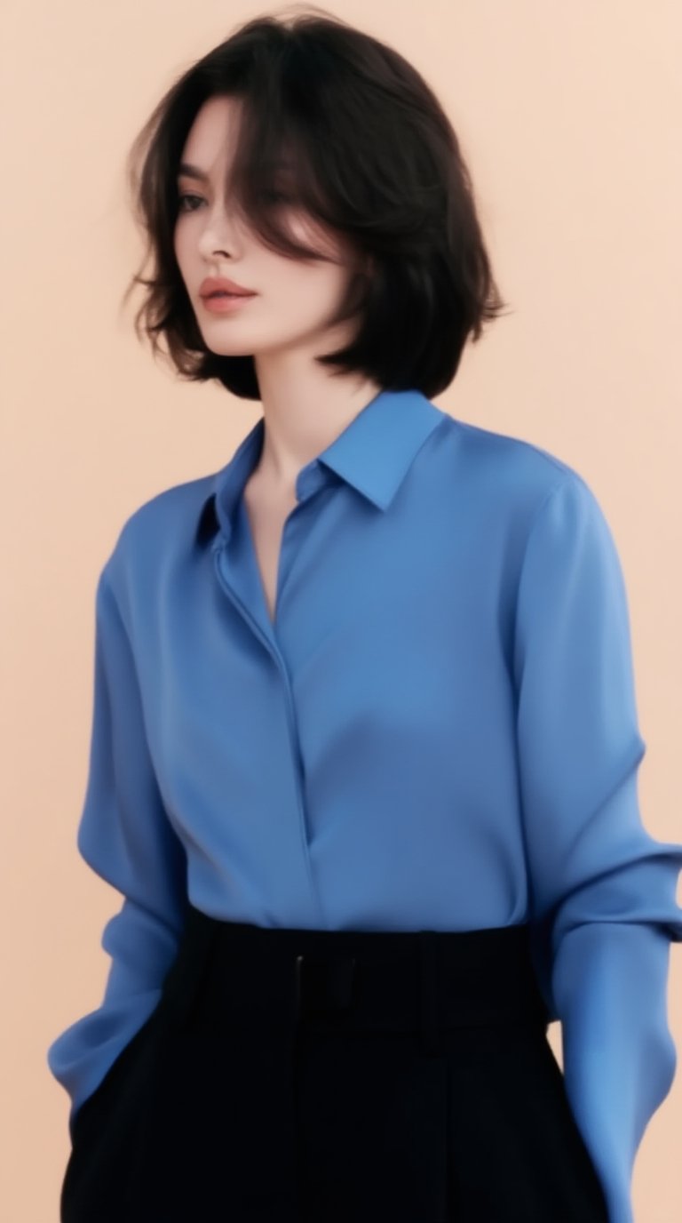 A high-end fashion editorial portrait of a refined 20yo woman with tousled short hair,  smooth glossy natural texture,  so...