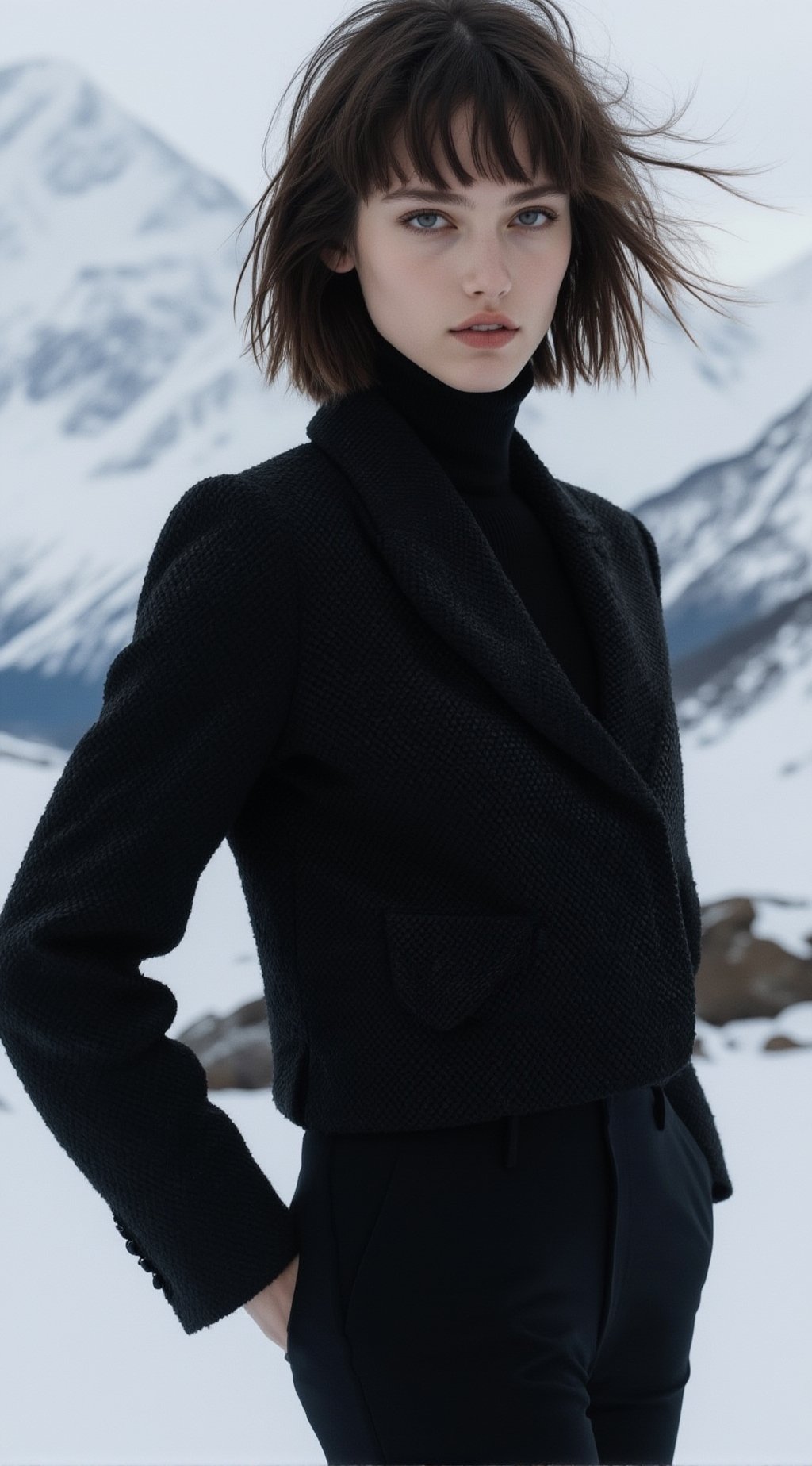 A high-fashion editorial portrait set in a stark snowy mountain landscape. A young woman with a tousled bobcut hair,  wind...