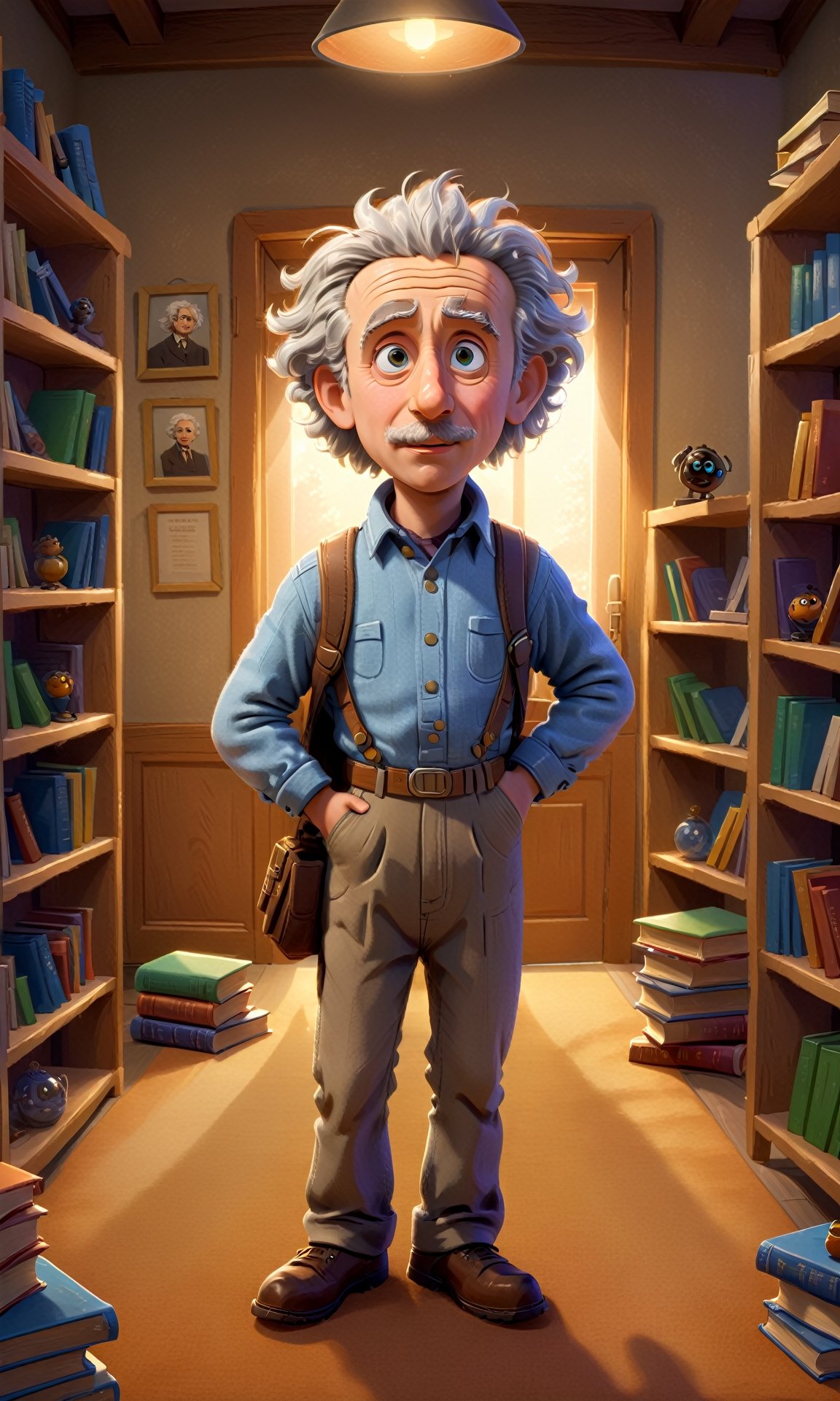 young Einstein, Pixar style, standing in the office, many books on the shelves, cozy atmosphere, soft warm light, detail, best quality