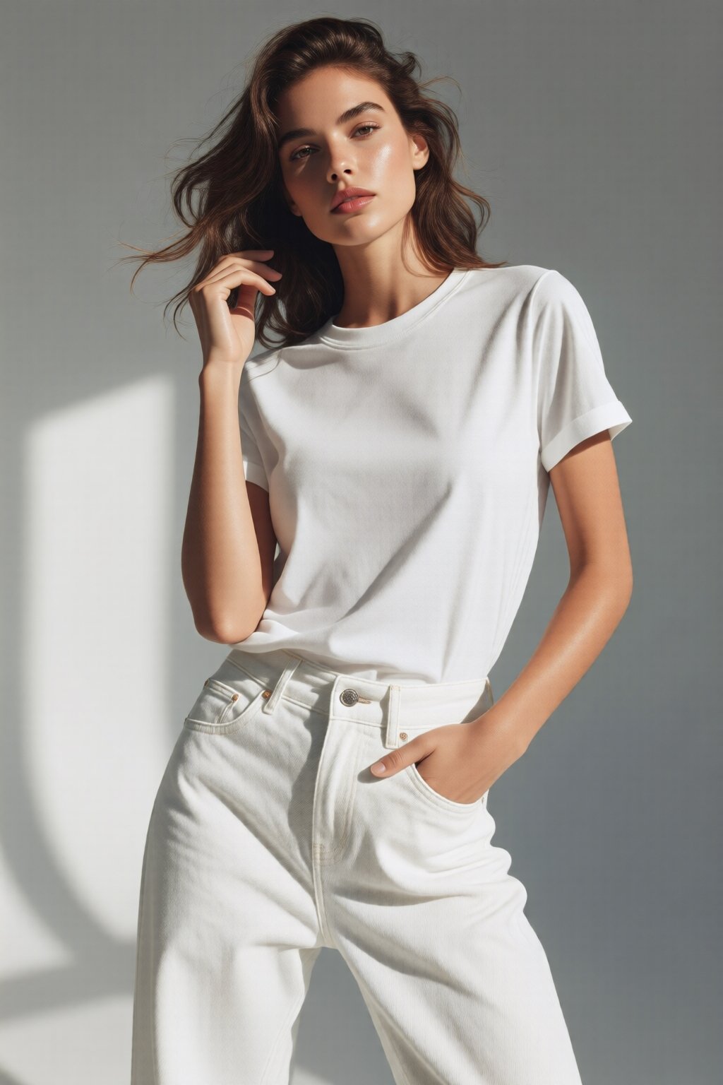 A high-fashion female model wearing a premium white t-shirt and high-waisted white jeans,  posing like an international lu...