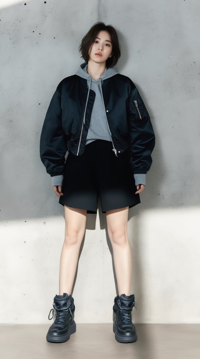 A high-fashion full-body editorial shot of a young korean woman standing confidently against a textured concrete wall,  to...