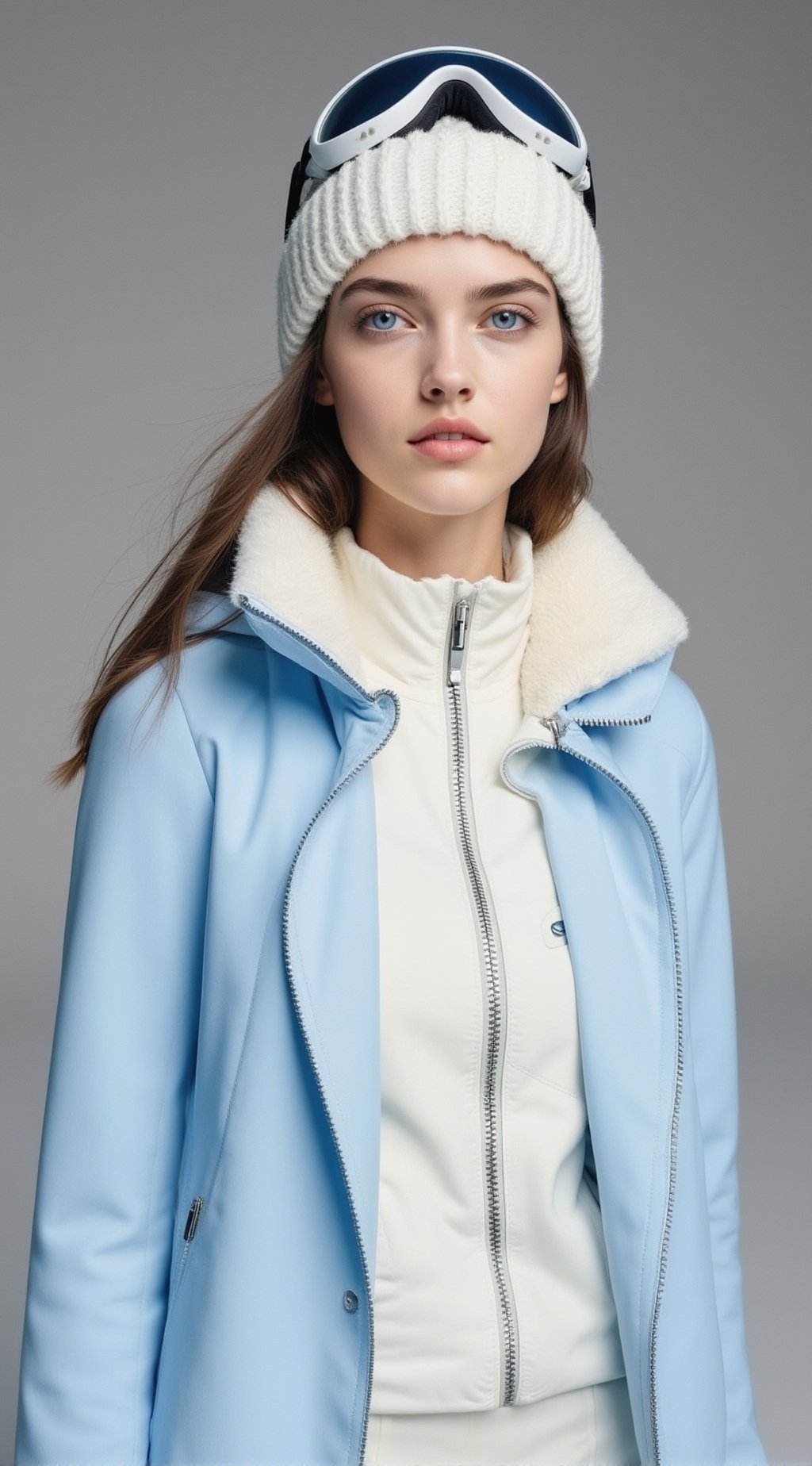 A high-fashion winter editorial portrait of a stylish young woman wearing a soft ice-blue and ivory layered outfit. She ha...