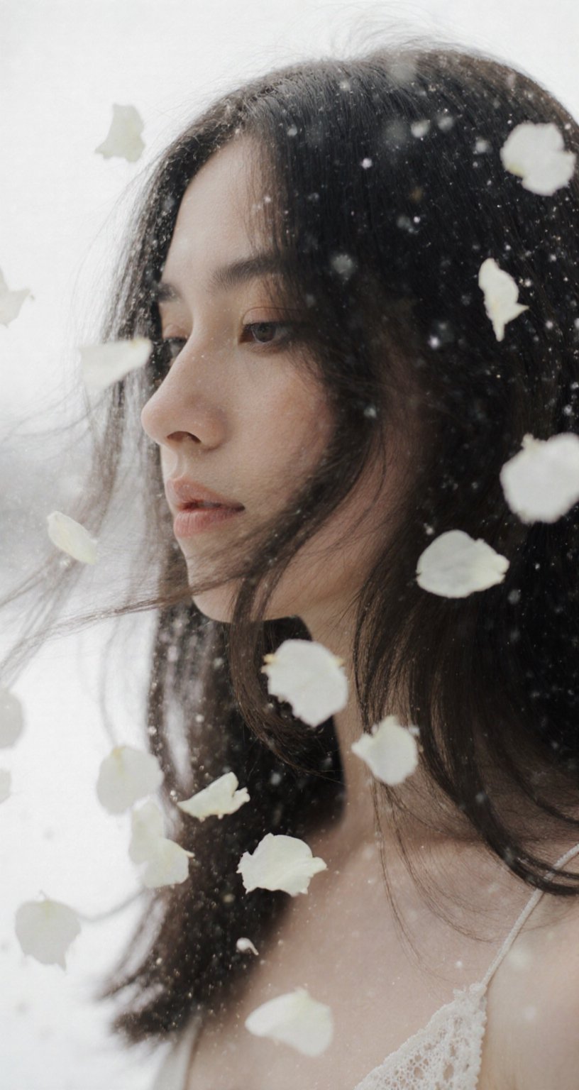 The camera maintains a fixed position as a gentle,  slow breeze stirs the woman's dark hair,  causing it to softly flow ar...