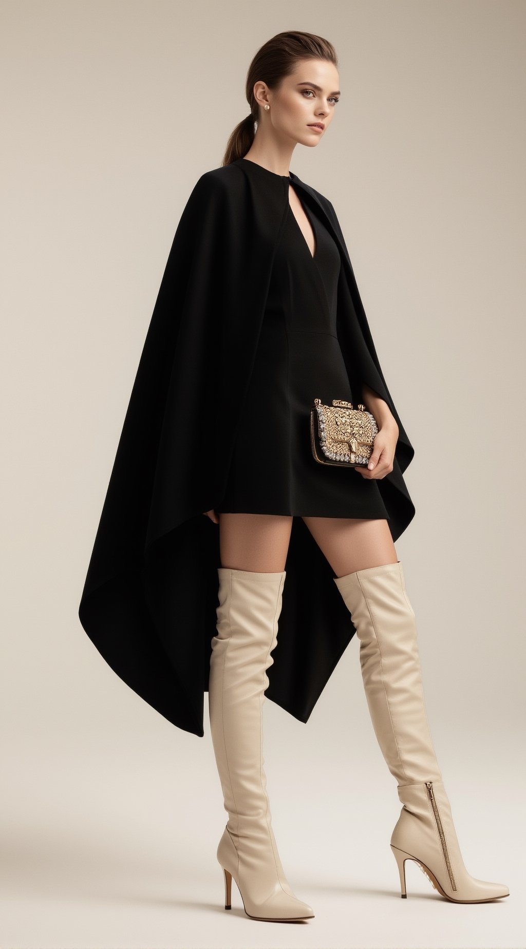 A high-fashion editorial full-body portrait of an elegant woman wearing a structured black cape-style mini dress. Her hair...