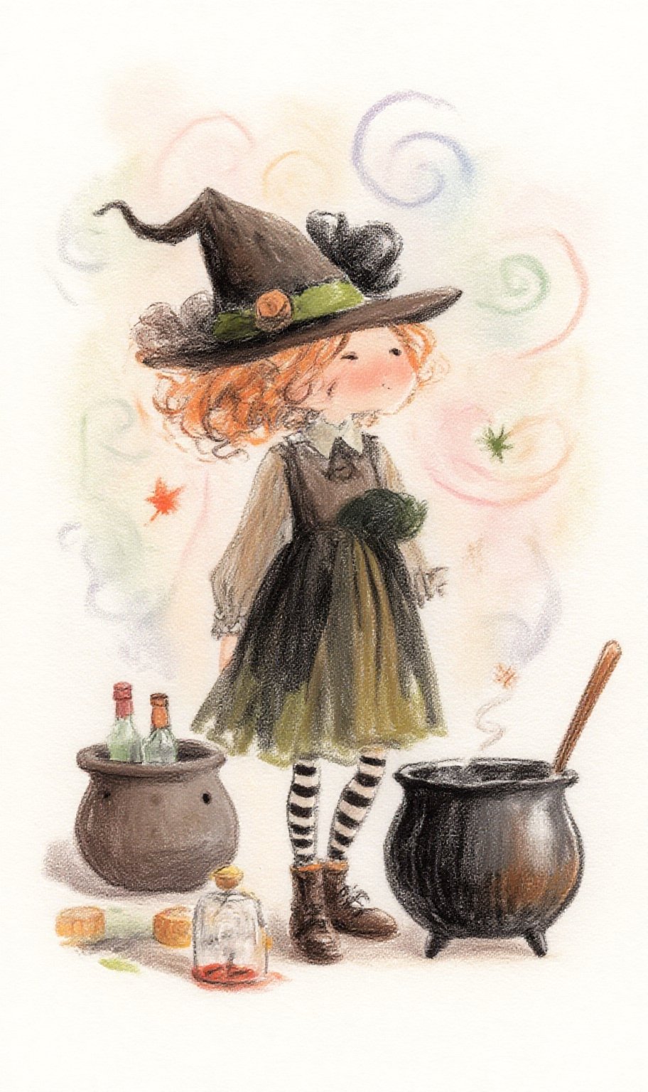 Whimsical painterly witch girl with curly,  messy hair,  cauldron by ART IMAGINATION on Tensor.Art