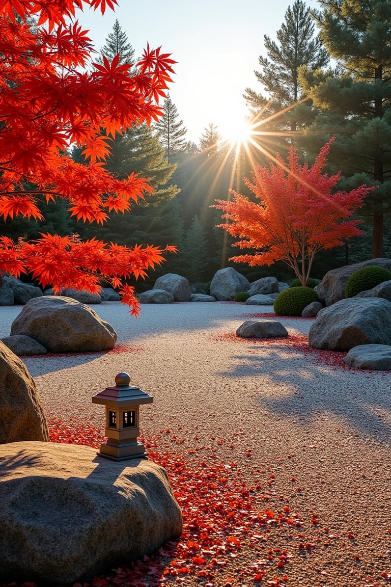 a serene Japanese zen garden in autumn,  framed with a wide shot capturing the meticulously raked gravel and carefully pla...