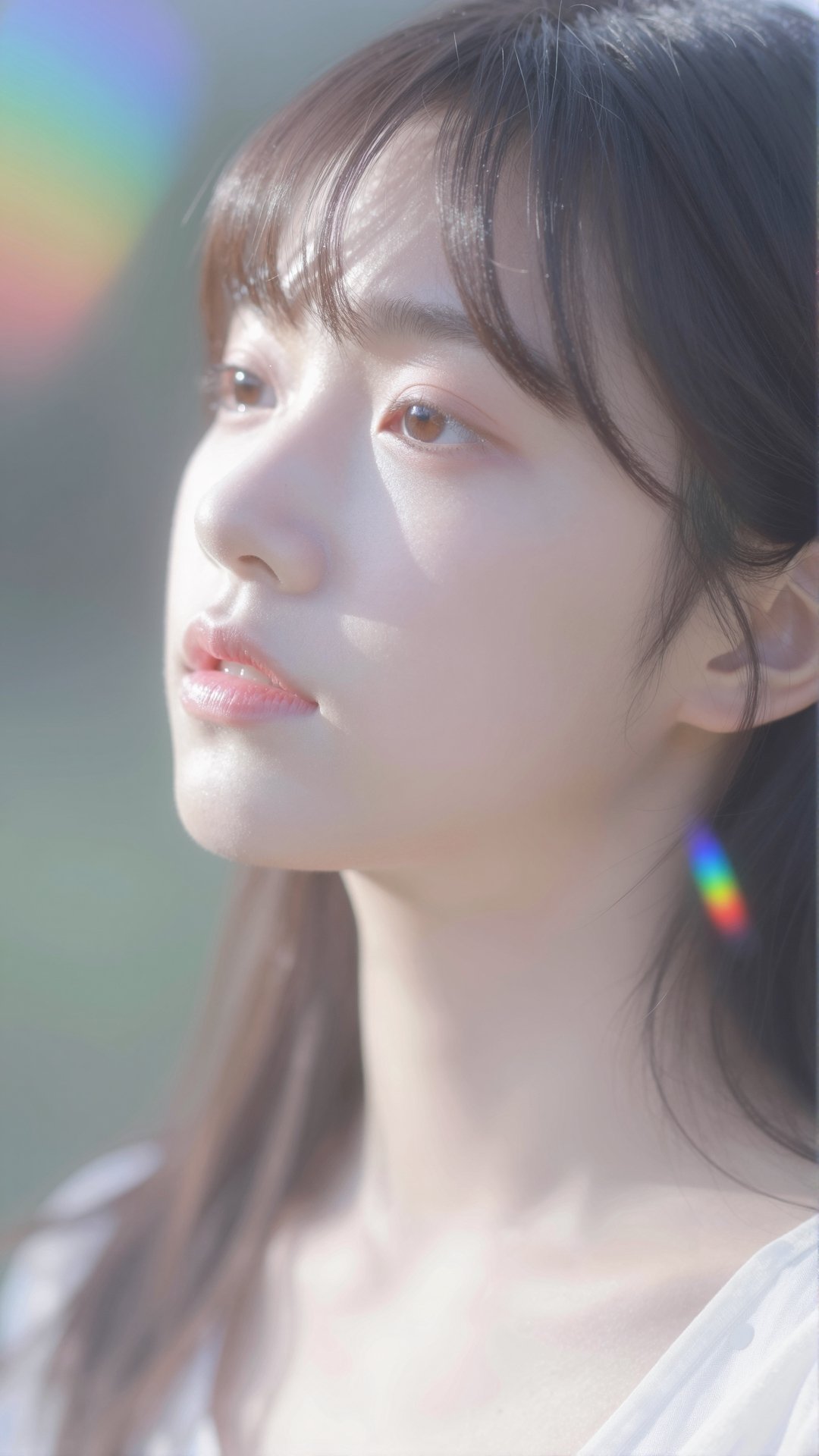 extremely strong lighting,  strong highly overexposed portrait,  rainbow bokeh background by ART IMAGINATION on Tensor.Art