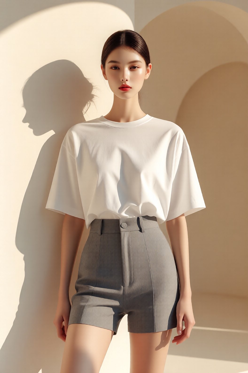 A high-fashion female model wearing a premium plain white t-shirt worn untucked over fitted high-waisted grey shorts,  pos...