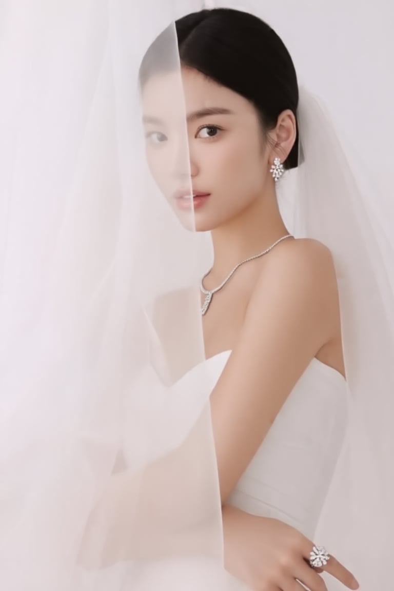 High-end bridal jewelry editorial portrait,  refined woman in three-quarter profile,  soft confident gaze by ART IMAGINATI...