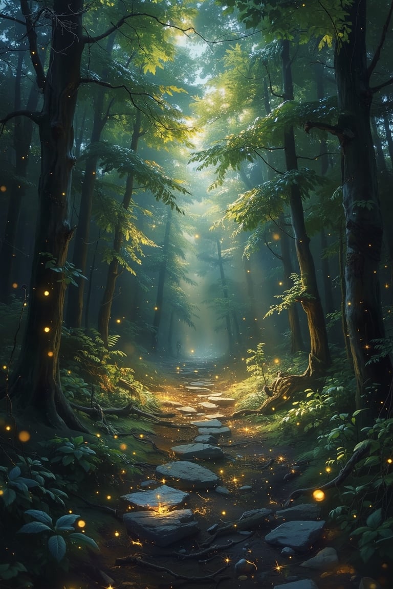 The masterful brushstrokes of Peter Paul Rubens and Rembrandt give life to a path in the enchanted forest. The path radiat...