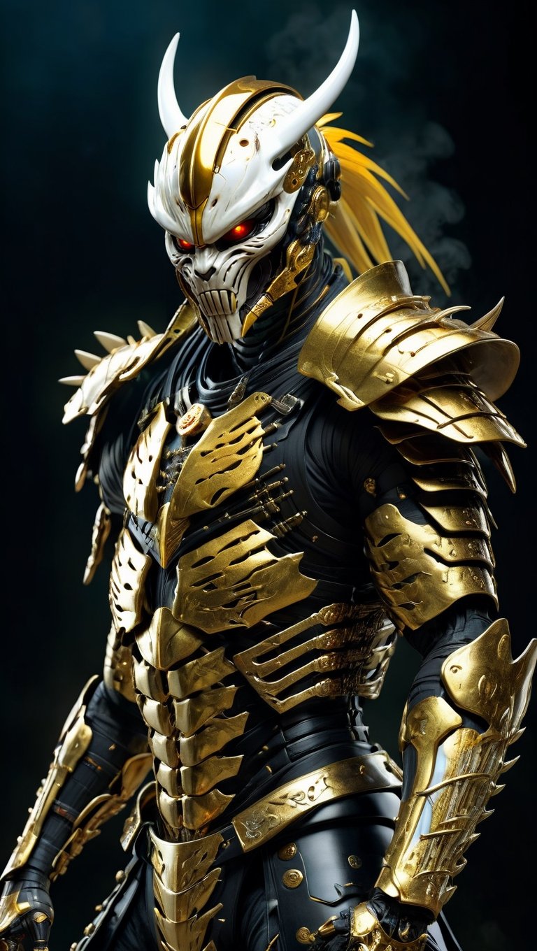 ultra Realistic,albino Predator wear cyborg samurai Armor,gold and black Samurai Armor,high futuristic cyberpunk style, vibrant colour smoke,incredibly detailed, dark, key visuals, atmospheric, highly realistic,ultra Quality ray tracing