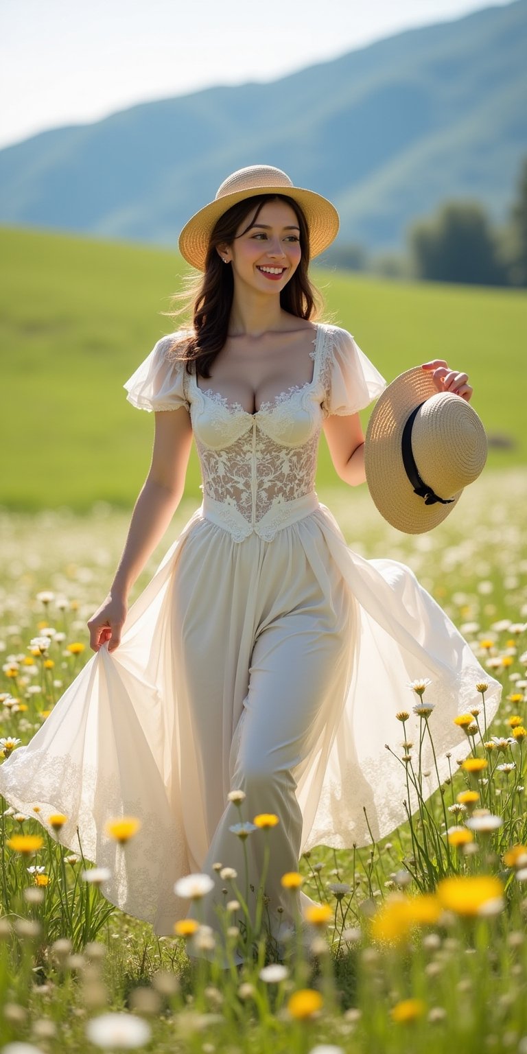A young woman in a Victorian-inspired dress with lace details and a high neckline,  wearing a straw hat tied with a ribbon...