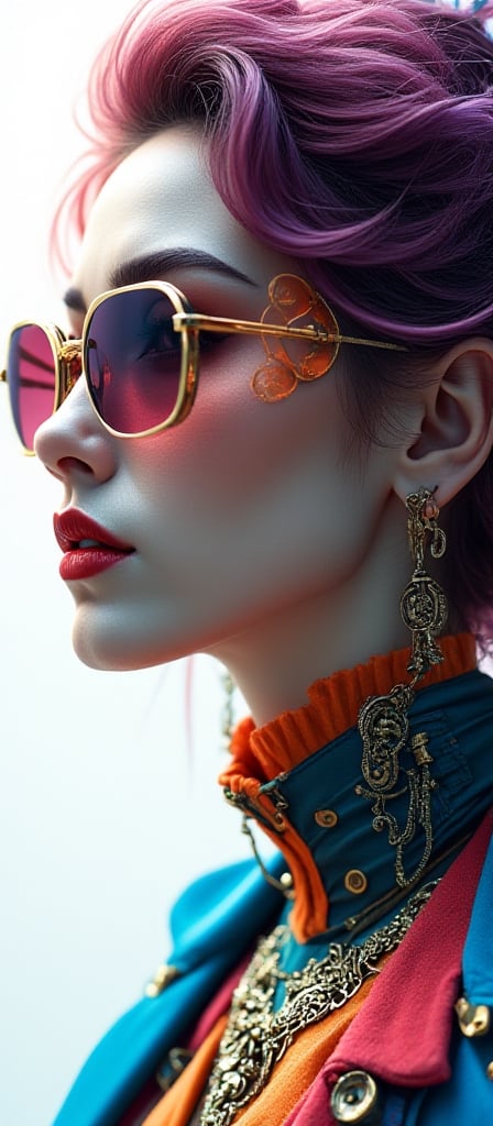 Super detailed A high quality 8K image of a close-up of a stylish lady in a steampunk style with glasses. The background i...
