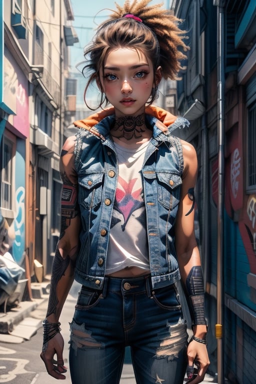 pretty woman perfect face denim vest black lips, light brown eyes, tattoos, colorful alley background with graffiti
