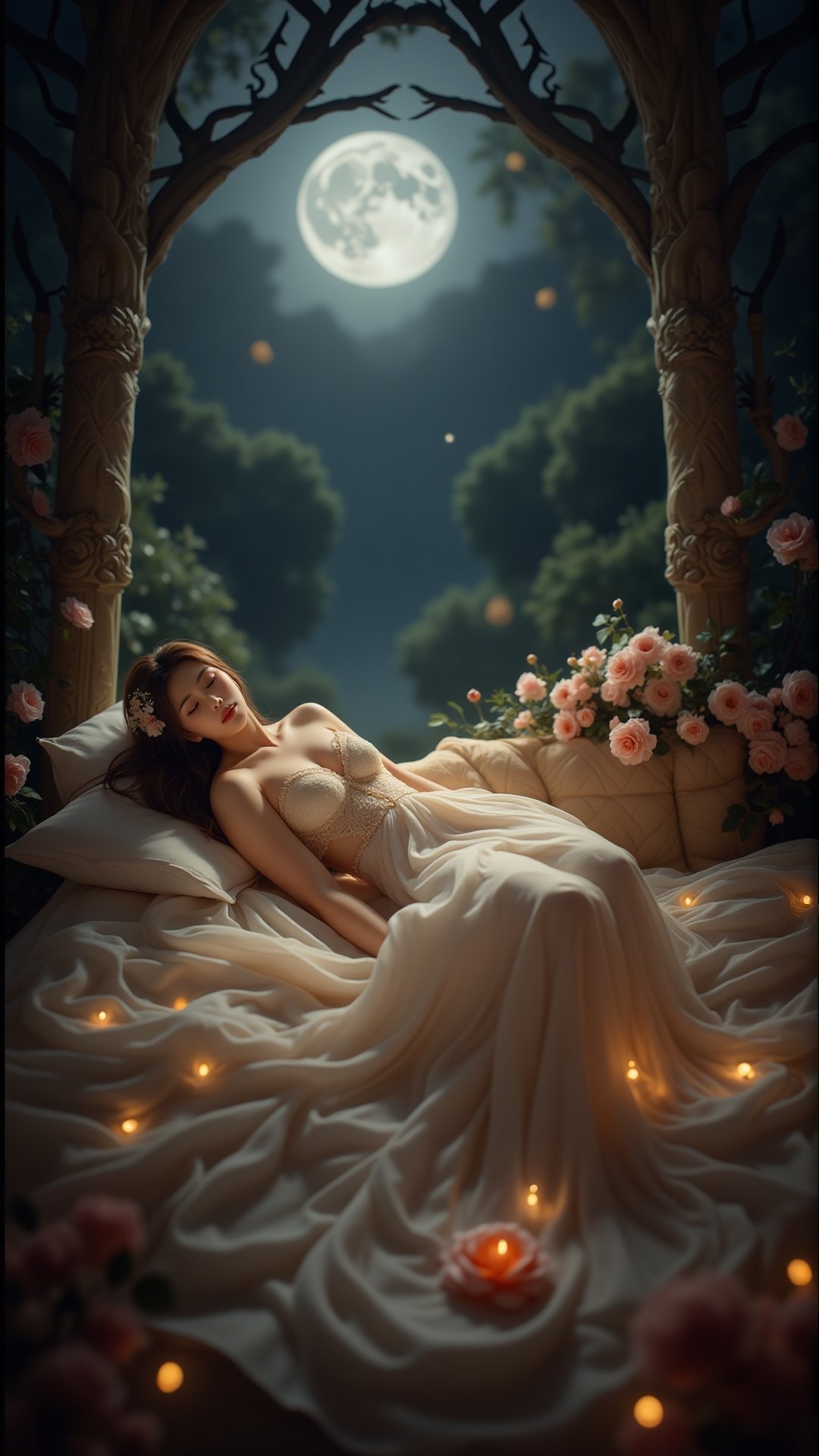 a delicate and ethereal Sleeping Beauty lying on a soft,  golden bed in a grand,  enchanted castle by ART IMAGINATION on T...